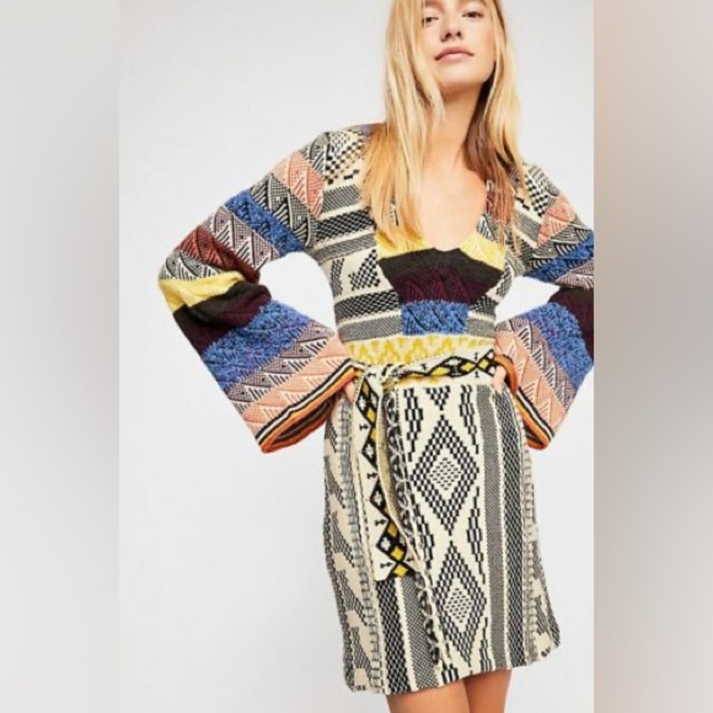 Free People Patchwork Bell Sleeve Sweater Mini Dress